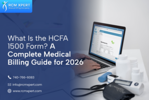 Healthcare professional using the HCFA 1500 Form (CMS-1500 claim form) to prepare and submit professional medical insurance claims for accurate medical billing and reimbursement.