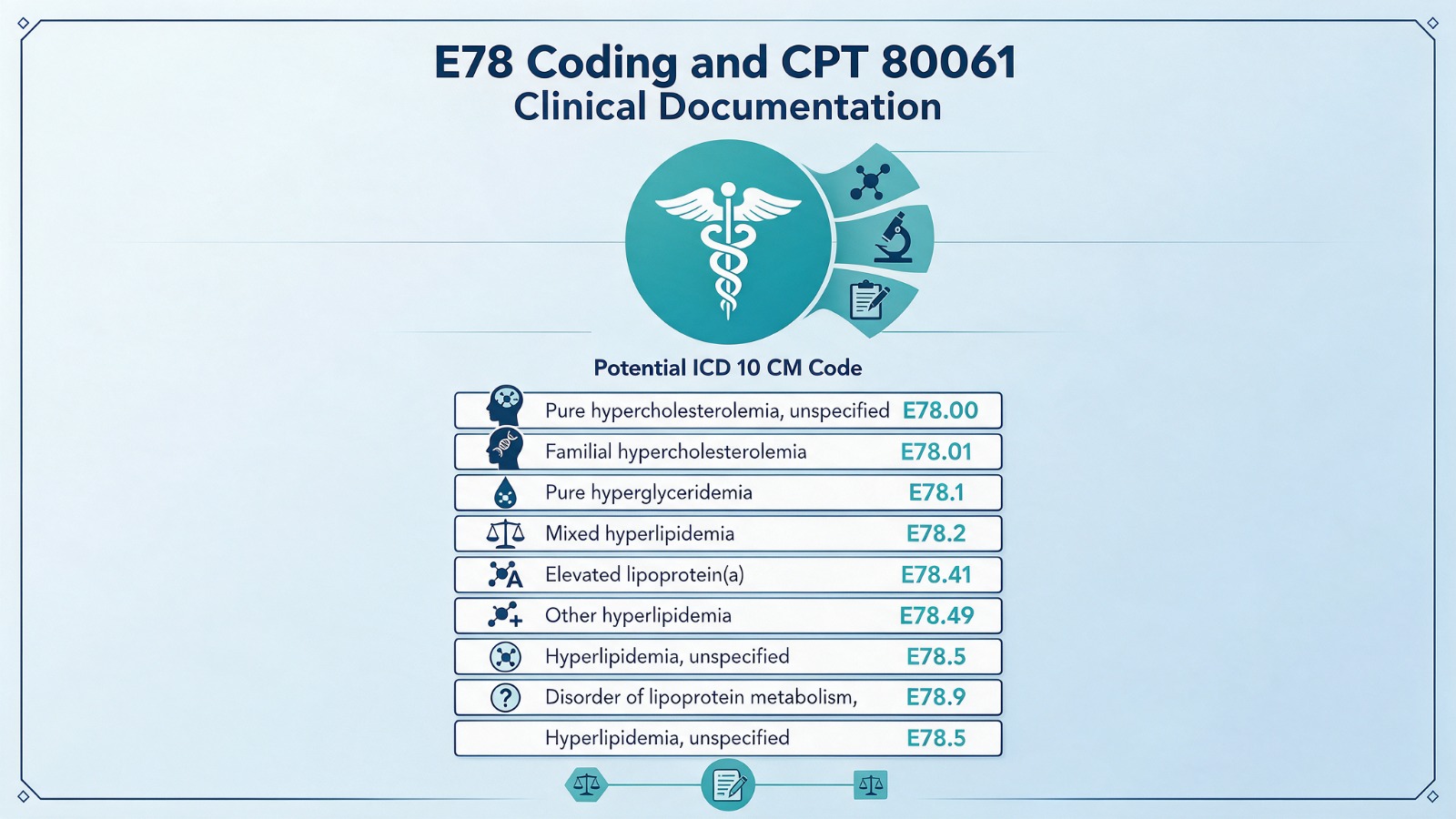 E78 ICD-10-CM codes that can support CPT 80061 lipid panel billing, from E78.00 to E78.9