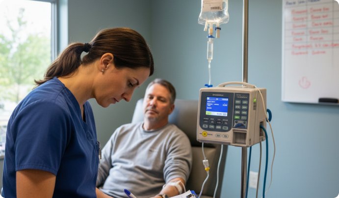 Infusion nurse documenting start and stop times beside the pump