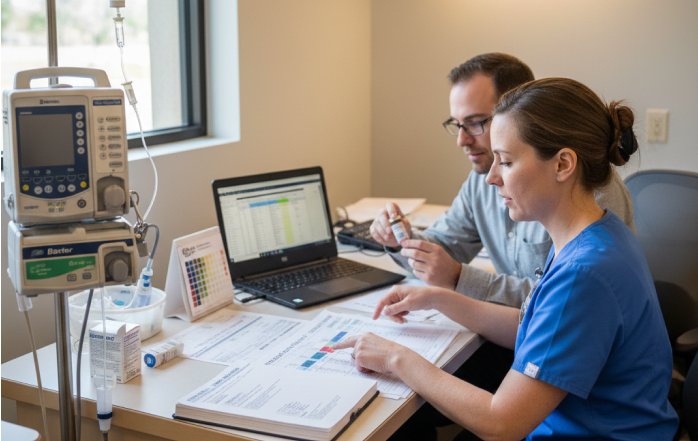 Coder and nurse reviewing infusion records and drug units