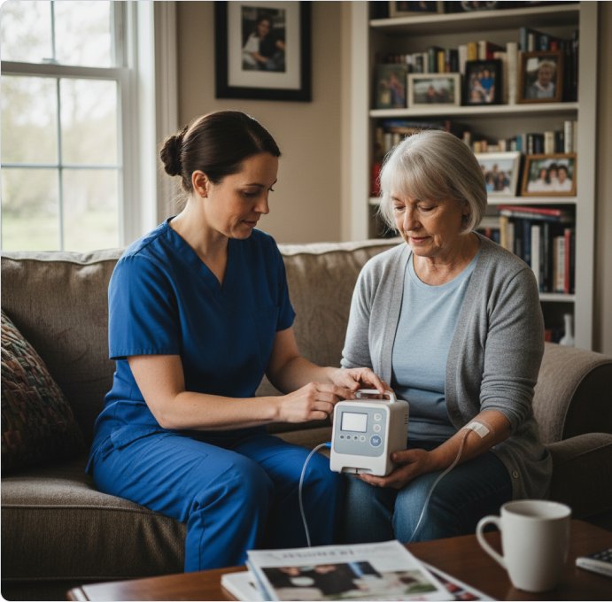 Home infusion nurse setting up a portable pump with a patient