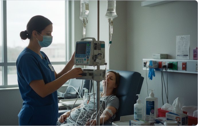 Nurse adjusting an infusion pump in a hospital outpatient department