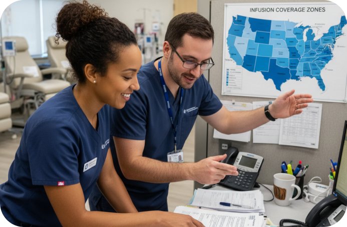 Billing specialists reviewing an infusion coverage map