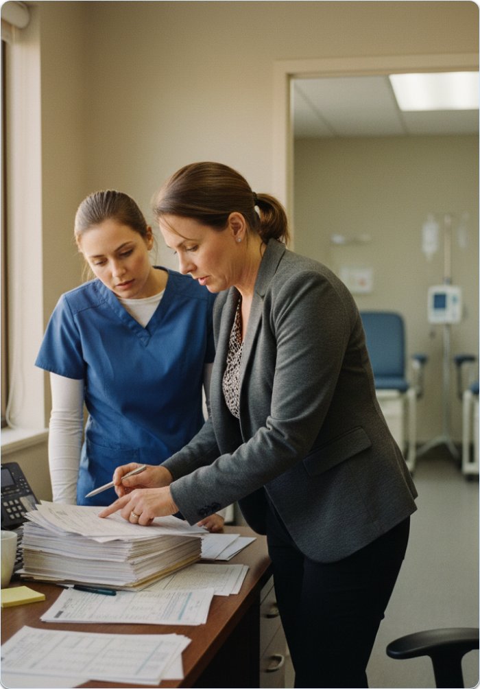 Billing manager and nurse reviewing payer policies and infusion claims