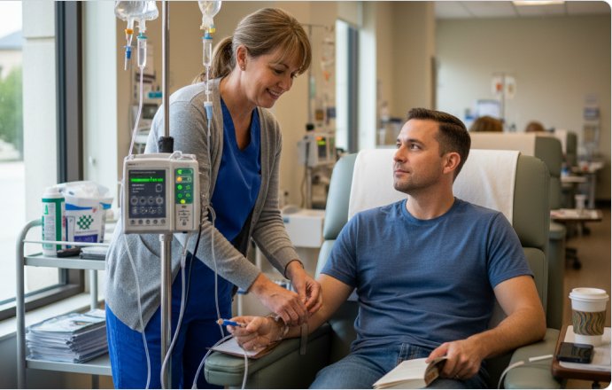 Nurse starting an infusion for a patient in a physician office infusion suite