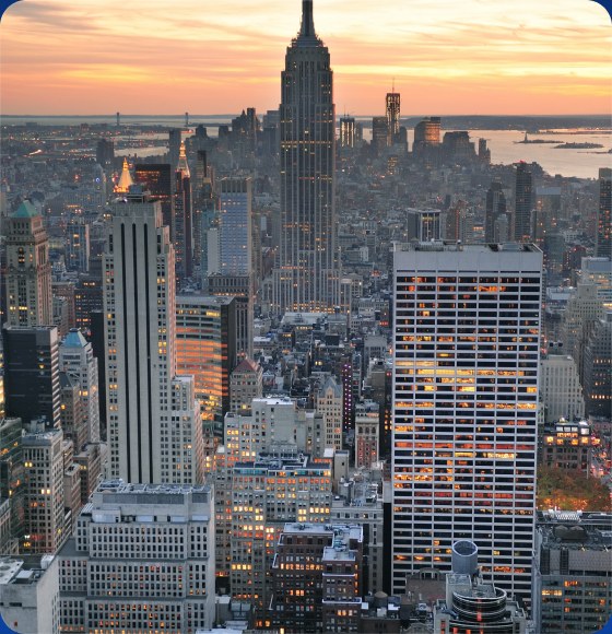 Manhattan skyline at sunset with the Empire State Building