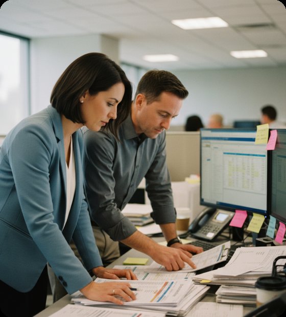 Billing specialists reviewing claim reports together at a desk