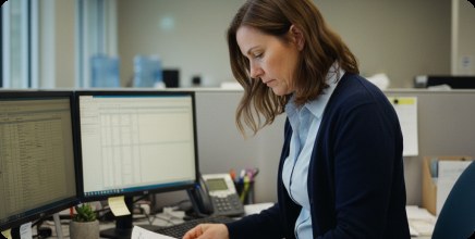Billing specialist reviewing claims on two monitors