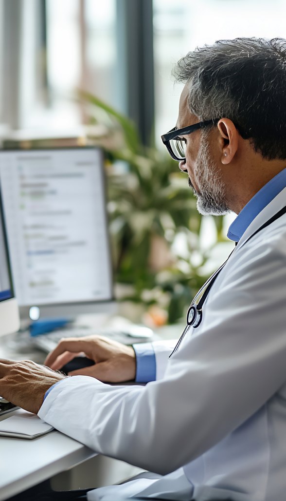 Physician entering billing information at a computer