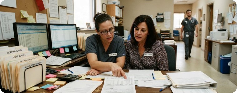 Two billing staff reviewing claim paperwork at a busy Texas clinic office