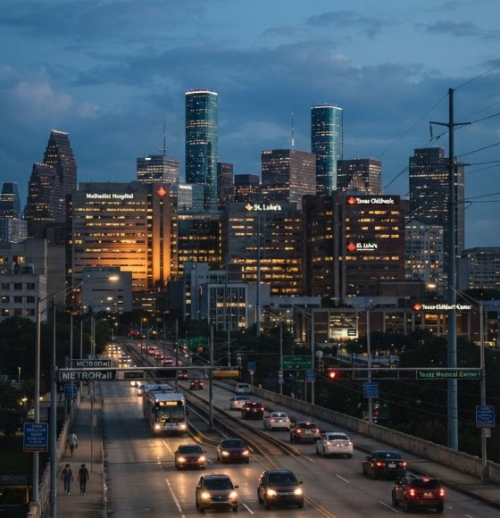 Houston skyline and the Texas Medical Center at dusk