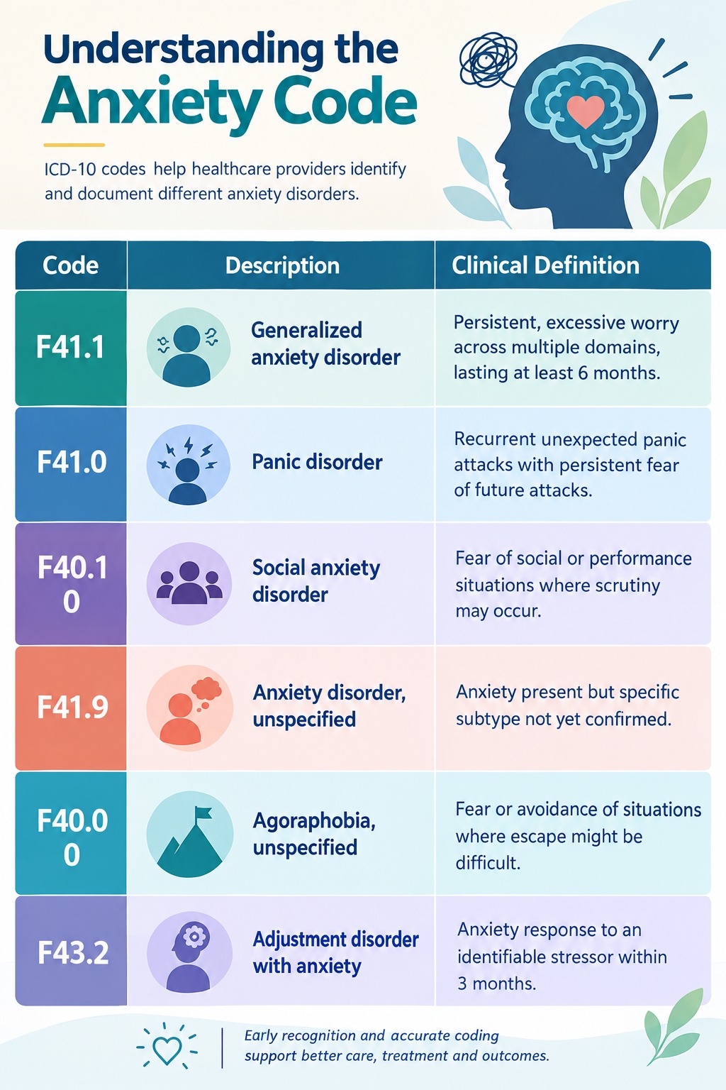 Common ICD-10 anxiety codes with descriptions and clinical definitions, including generalized anxiety disorder F41.1, panic disorder F41.0, social anxiety disorder F40.10, unspecified anxiety F41.9, agoraphobia F40.00, and adjustment disorder with anxiety F43.22.