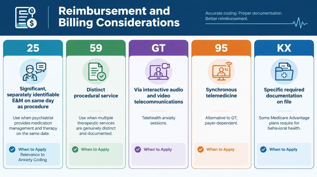 ICD-10 anxiety coding reimbursement and billing considerations showing modifiers 25, 59, GT, 95, and KX used for distinct services, E&M services, telehealth, and required documentation.