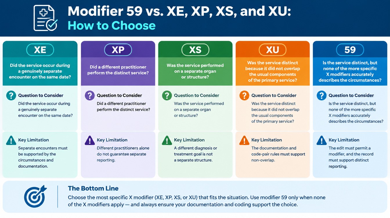 Medicare Modifier 59 vs XE, XP, XS, and XU comparison showing the questions and key limitations used to select the appropriate modifier