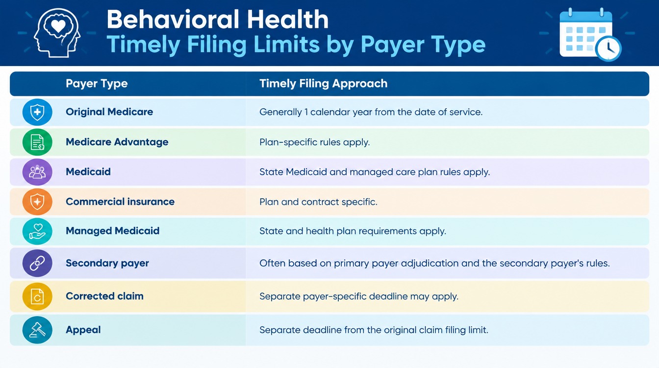 Behavioral health timely filing limits by payer type, showing Medicare's one-calendar-year approach and payer-specific rules for Medicare Advantage, Medicaid, commercial insurance, secondary claims, corrected claims, and appeals.