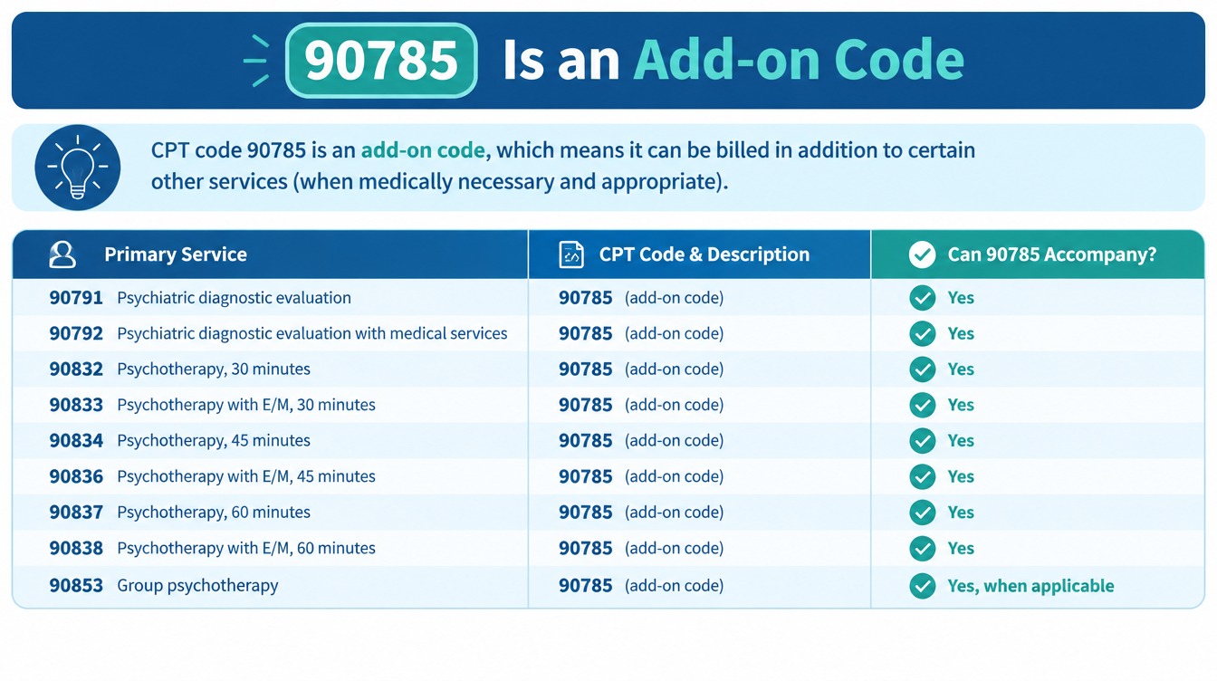 Table showing CPT 90785 as an add-on code and its use with psychiatric diagnostic evaluation, psychotherapy, psychotherapy with E/M, and group psychotherapy codes.