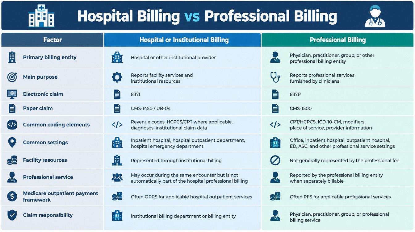 Hospital or institutional billing compared with professional billing, showing billing entities, claim formats, coding elements, healthcare settings, facility resources, payment frameworks, and claim responsibility