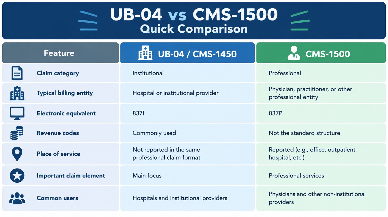 UB-04 CMS-1450 compared with CMS-1500 for institutional and professional medical billing claims, including 837I, 837P, revenue codes, and place of service