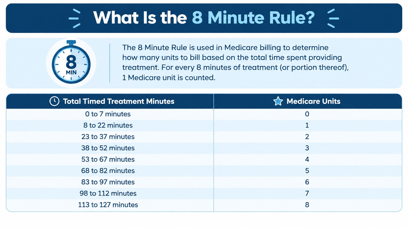 Medicare 8 Minute Rule chart showing therapy billing units based on total timed treatment minutes