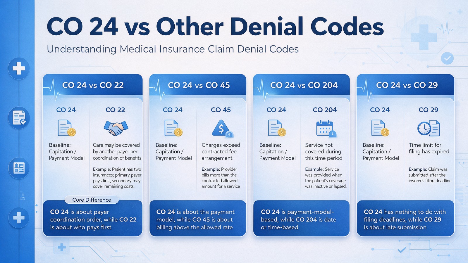 Comparison of CO 24, CO 22, CO 45, CO 204, and CO 29 medical billing denial codes