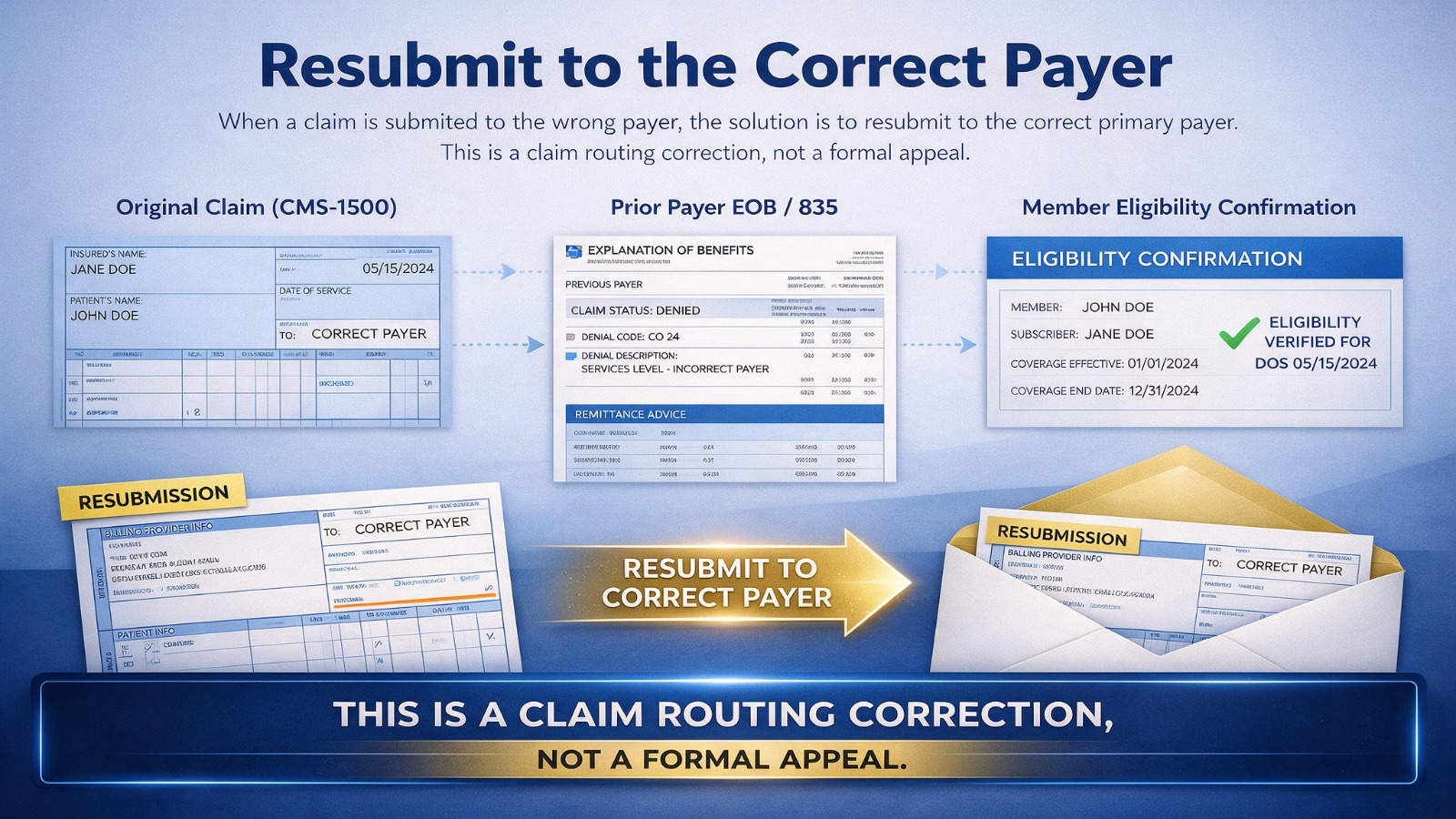 CO 24 denial claim resubmission to the correct payer after eligibility and prior payer verification