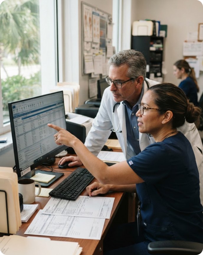 Physician and billing specialist reviewing a claim on screen