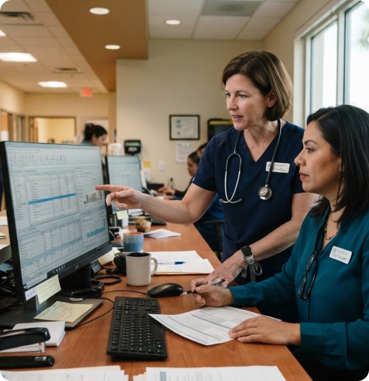 Florida clinic billing team reviewing claims on a monitor