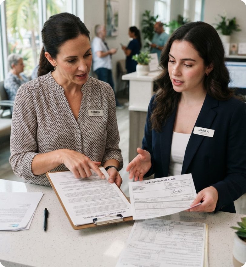 Practice manager and billing specialist comparing a commercial insurance claim