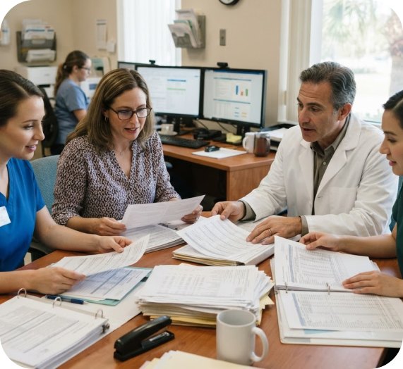 Physician and billing team discussing claim reports at a conference table