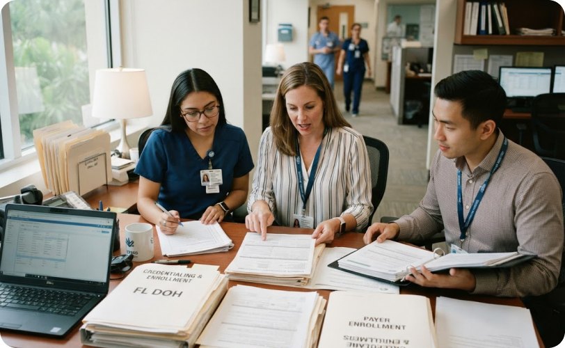 Credentialing team reviewing provider enrollment paperwork