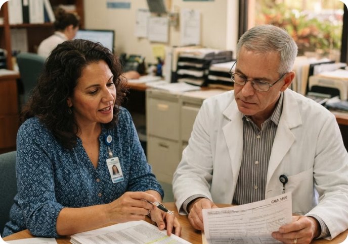 Billing specialist and physician reviewing a Medicaid reimbursement statement