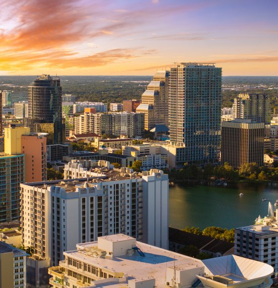 Downtown Orlando skyline and Lake Eola at sunset