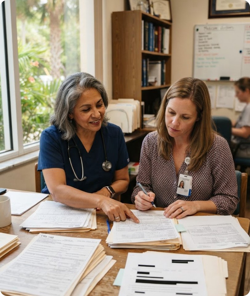 Nurse and billing specialist reviewing Medicare paperwork together
