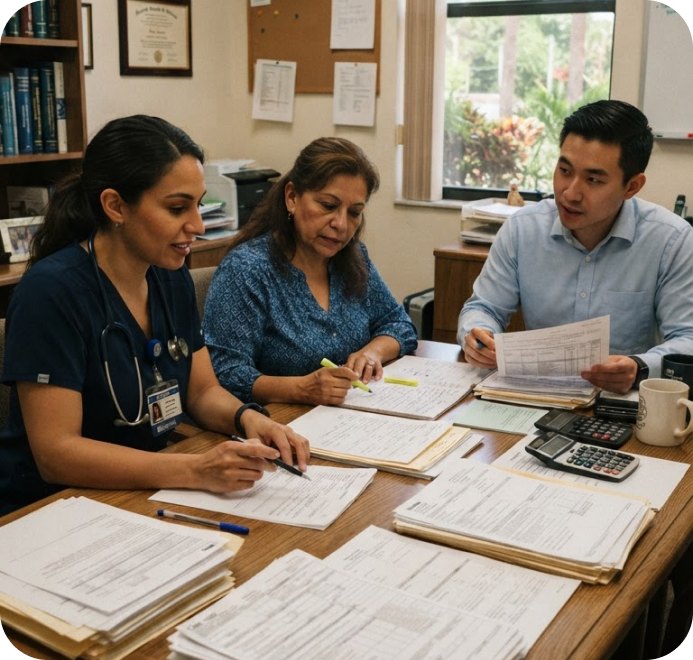 Florida practice staff and billing consultant reviewing claims together