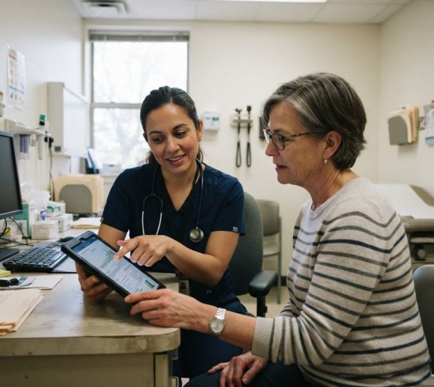 Nurse practitioner reviewing a care plan on a tablet with an older adult patient