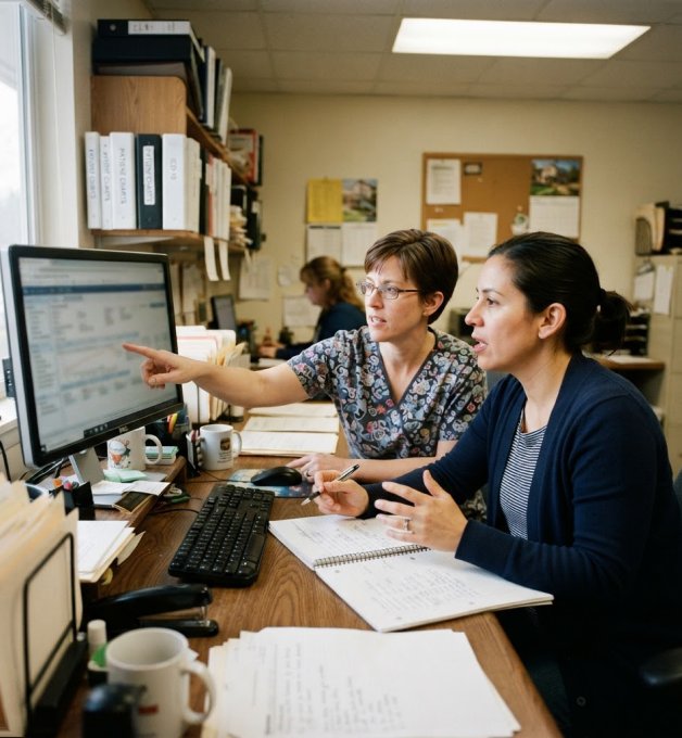 Billing specialists reviewing claim status in a practice management system