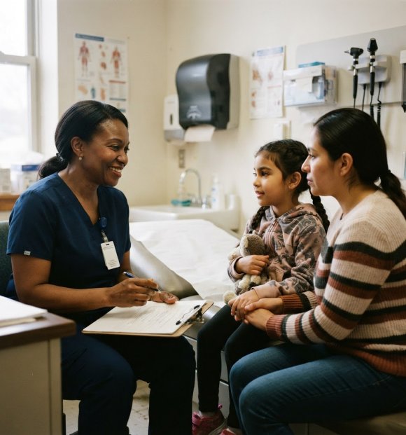 Family physician talking with a mother and her young daughter during a pediatric visit
