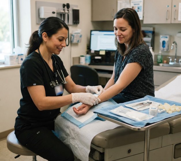 Family physician preparing a patient's arm for a minor in-office procedure