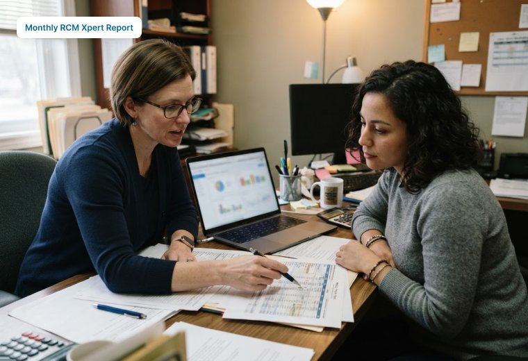 Billing account manager walking a practice manager through a monthly revenue report