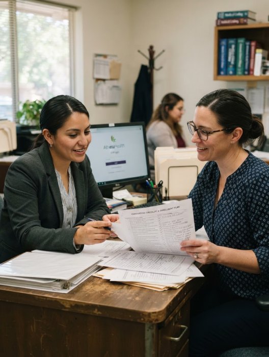 Onboarding specialist reviewing an enrollment checklist with a practice manager