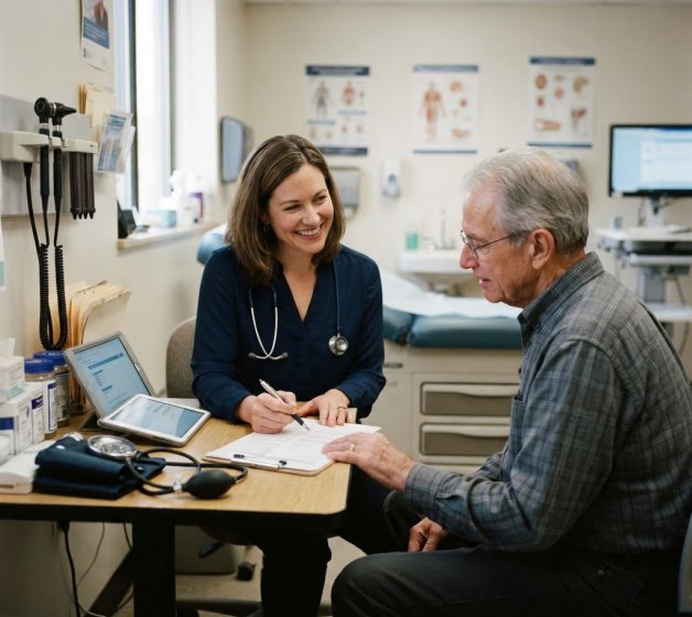 Internist completing an Annual Wellness Visit with an older Medicare patient