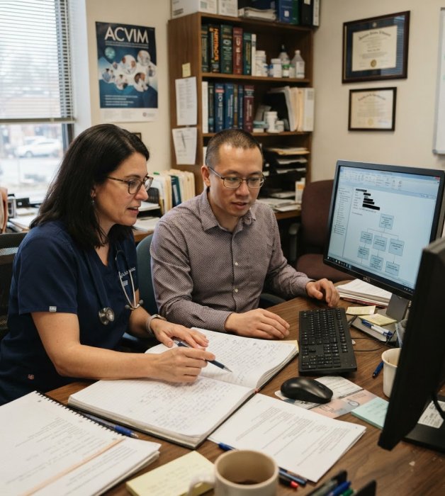 Physician and certified coder reviewing diagnosis codes for risk adjustment
