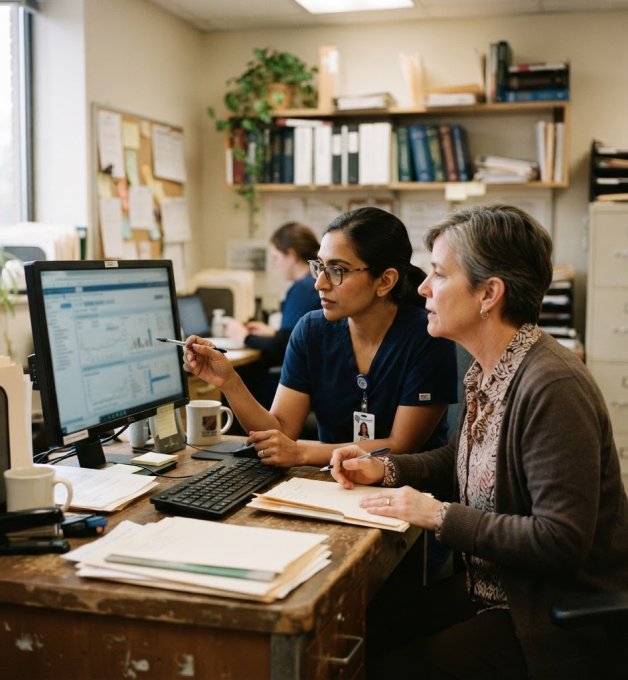 Billing specialists checking claim status in an internal medicine practice's EHR