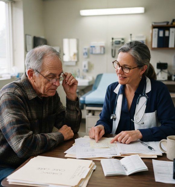 Internist reviewing a chronic care plan with an older adult patient