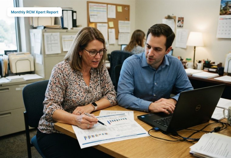 Account manager reviewing a monthly internal medicine revenue report with a practice administrator