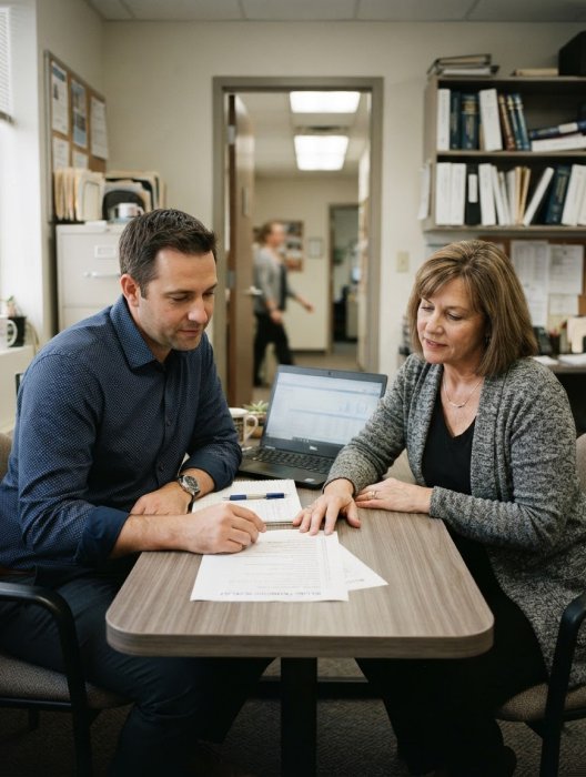 Onboarding specialist reviewing enrollment paperwork with an internal medicine practice manager