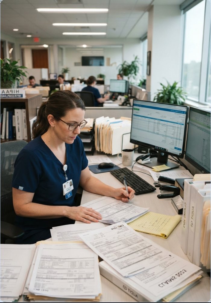 Billing auditor reviewing claim forms at a workstation