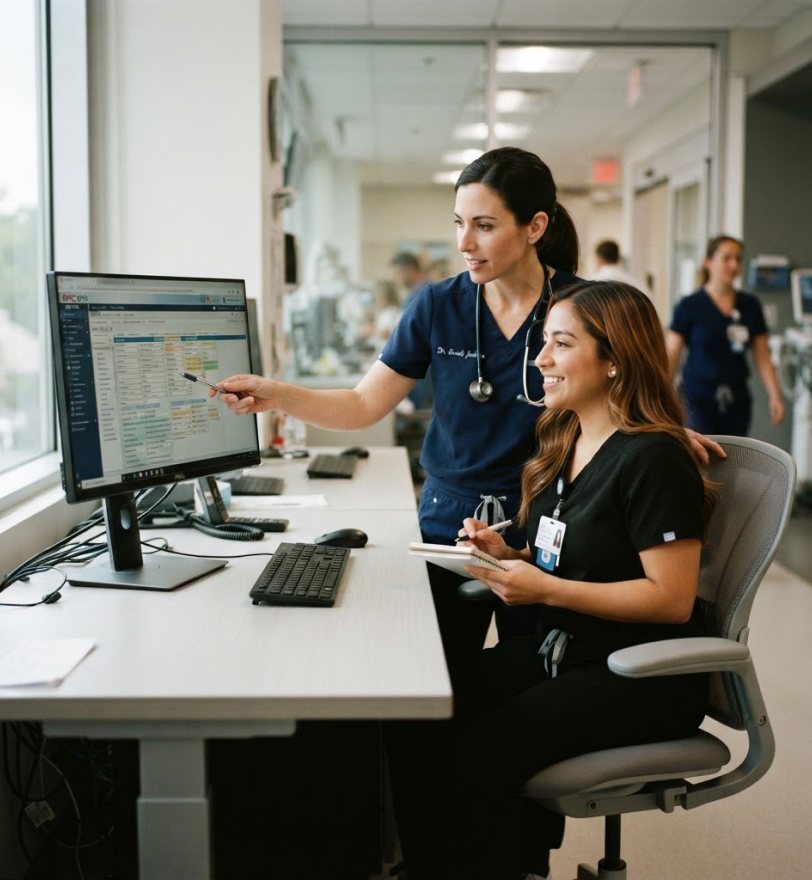 Clinician walking a billing coordinator through an EHR claim screen