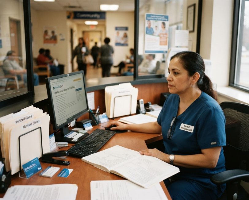 Front desk specialist checking NJ FamilyCare eligibility at a clinic
