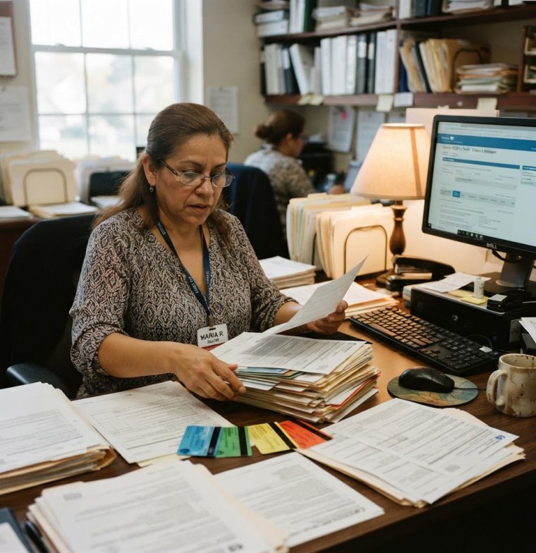 Billing specialist verifying NJ FamilyCare coverage cards and claim files